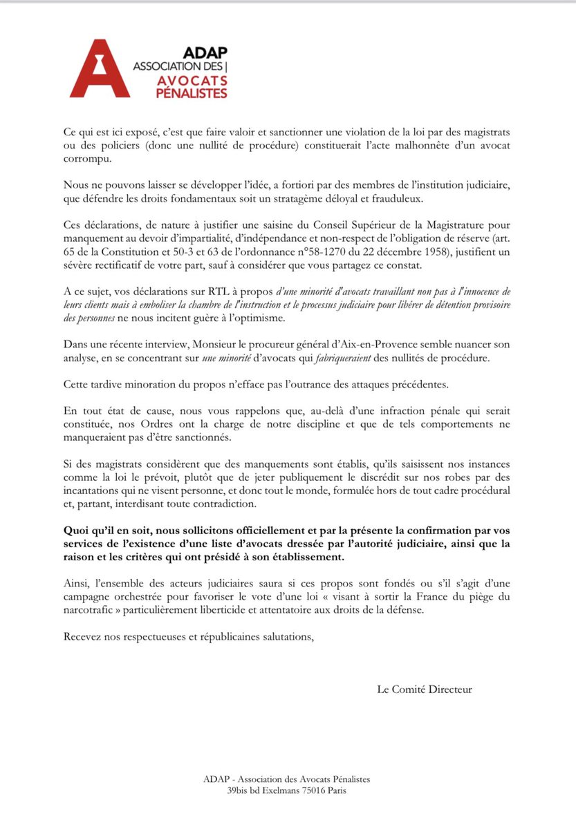 Association des Avocats Pénalistes (@assoadap) on Twitter photo Les insultes doivent cesser.
Devant la surenchère des déclarations inacceptables émanant de hauts magistrats et la révélation de l’existence d’une « liste d’avocats », l’<a href="/AssoADAP/">Association des Avocats Pénalistes</a> écrit au Garde des Sceaux 👇 Les insultes doivent cesser.
Devant la surenchère des déclarations inacceptables émanant de hauts magistrats et la révélation de l’existence d’une « liste d’avocats », l’<a href="/AssoADAP/">Association des Avocats Pénalistes</a> écrit au Garde des Sceaux 👇