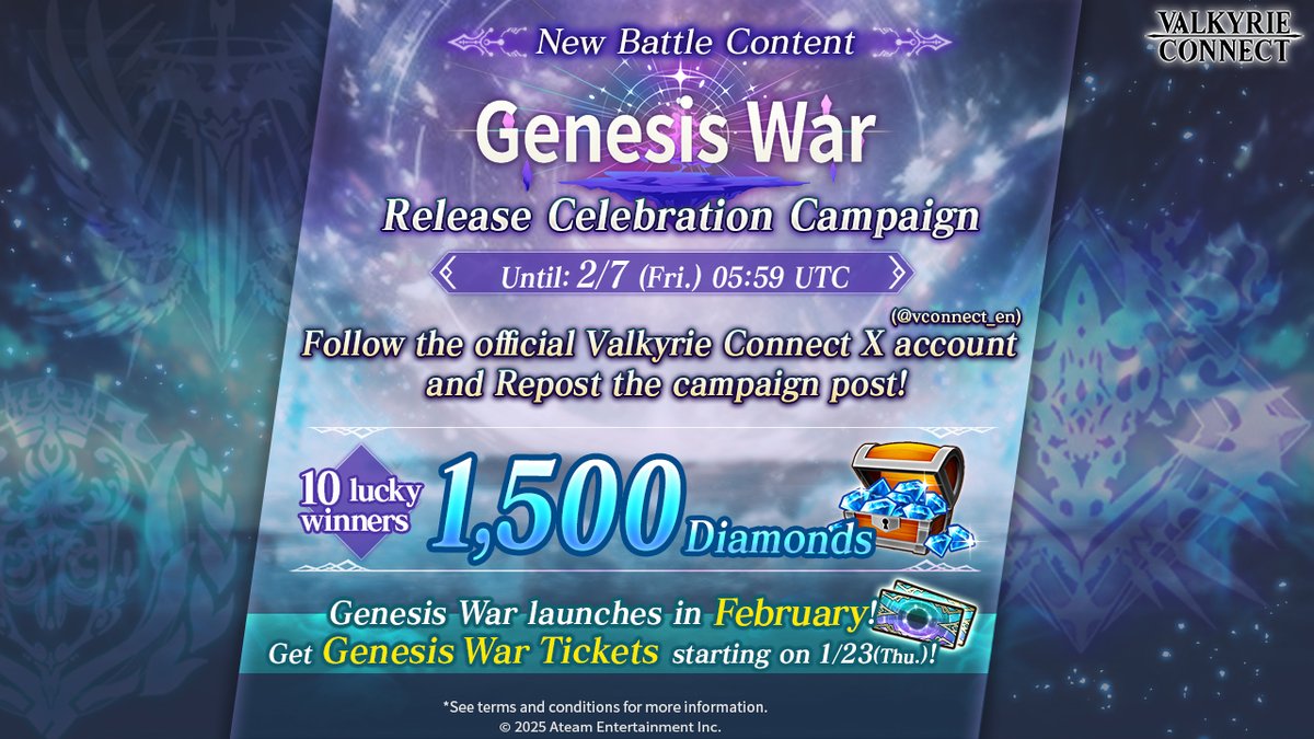 vconnect_en's tweet image. New Battle Content: Genesis War!🎉

Get tickets starting 1/23, because the event starts in February!🎉
In celebration, we&apos;re giving 10 lucky winners 1,500 Diamonds💎🎁

★Entry★
1⃣  Follow @vconnect_en
2⃣  Repost this post🔃
⚠Until 2/7 (Fri.) 05:59 UTC

More…