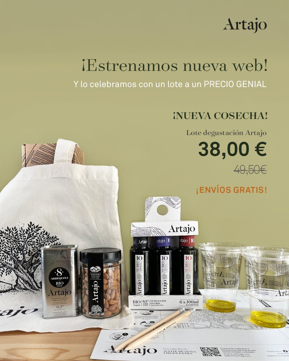 🎉 ¡ESTRENAMOS WEB! 🎉 
Y lo celebramos con un lote de productos de la NUEVA COSECHA ARTAJO a un precio genial 🫒 🌿

Aprovecha para complementar tu pedido con cualquier otro producto, porque con esta promo el ENVÍO ES GRATUITO✨

artajo.es/es/tienda-onli…

#AOVEPremium #AOVE