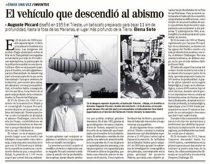 El 23 de enero de 1960, el oceanógrafo Jacques Piccard y el teniente  estadounidense Donald Walsh descendieron con el batiscafo Trieste al  Abismo Challenger, en la Fosa de las Marianas, casi 11 kilómetros (10.911 metros) bajo el nivel del mar.