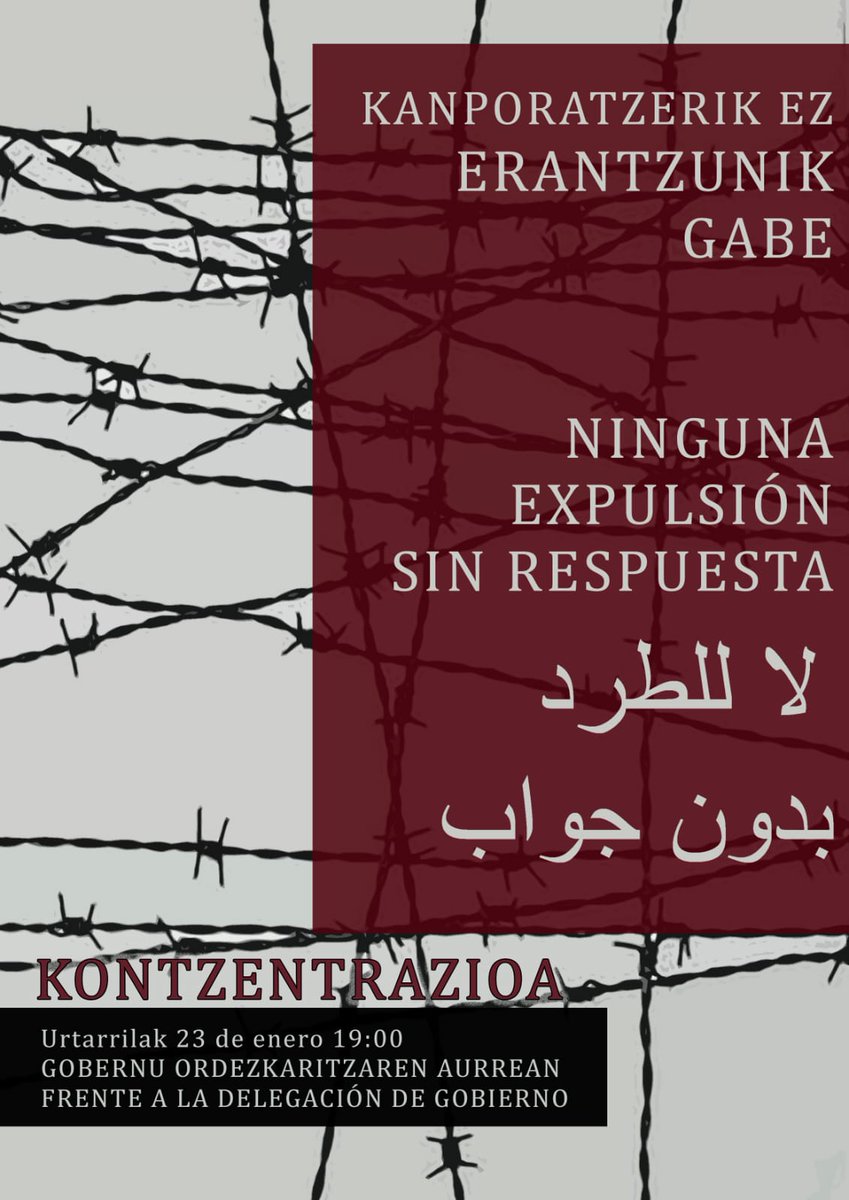 📣📣Pasa den asteartean, polizia kontrol arrazista batean, kide bat identifikatu eta komisaldegira eraman zuten. Momentu honetan atxilo dago eta kanporatua izateko esperoan. Ninguna expulsión debe quedar sin respuesta. 
#KanporatzerikEzErantzunikGabe
