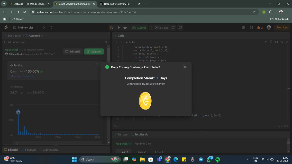 Sidhant__Bhat's tweet photo. Day 26:1267. Count Servers that Communicate, App.- 1. video will be uploaded soon. #100DaysofPOTD #GuruDevsChallenge4 #bkl_coders https://t.co/HASvqr28Gm