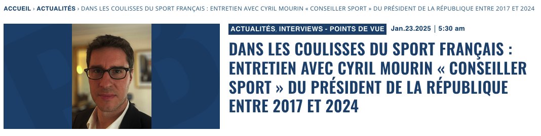 Patrick Bayeux / Décideurs du sport (@patrickbayeux) on Twitter photo Dans les coulisses du sport français : entretien avec Cyril Mourin "Conseiller Sport" du Président de la République entre 2017 et 2024
<a href="/Cyril_Mourin/">Cyril Mourin</a> a été conseiller Sport et JOP #Paris2024 à l' <a href="/Elysee/">Élysée</a> auprès du président <a href="/EmmanuelMacron/">Emmanuel Macron</a> . Il vient de quitter ses fonctions Dans les coulisses du sport français : entretien avec Cyril Mourin "Conseiller Sport" du Président de la République entre 2017 et 2024
<a href="/Cyril_Mourin/">Cyril Mourin</a> a été conseiller Sport et JOP #Paris2024 à l' <a href="/Elysee/">Élysée</a> auprès du président <a href="/EmmanuelMacron/">Emmanuel Macron</a> . Il vient de quitter ses fonctions