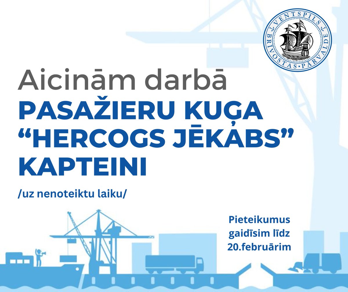 Meklējam pasažieru kuģa “Hercogs Jēkabs” kapteini!
Vairāk informācijas un pieteikšanās: portofventspils.lv/lv/brivostas-p… 
#TeIrDarbs #ventspilsosta #ventspilsbrīvosta #Ventspils
