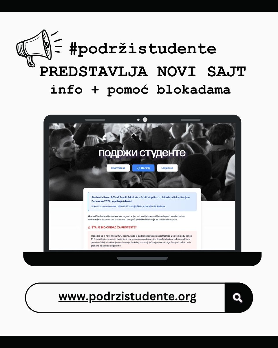 podrzistudente's tweet photo. Pozdrav!  [🔗link u komentarima]

Bilo da ste slučajno do sad naišli na #podrzistudente ili danas saznajete za nas, želimo da vam ukratko predočimo šta kao bivši srpski studenti i đaci pokušavamo da ostvarimo sa ovom inicijativom.

Naša namera sa pokretanjem #podrzistudente je da postignemo tri stvari:
✅ Da produbimo svest o razlozima studentske borbe, trenutnom stanju u Srbiji i zašto su ovi protesti mnogo veći od svih nas.
✅Da omogućimo kako ljudima u dijaspori tako i ljudima na lokalu da informisano pomognu @studentblokade naporima.
✅Da koliko je u našoj moći omogućimo jasan pregled trenutnih dešavanja.

Planiramo sve da radimo u dogovoru sta studentima sa blokada, dok smo sa @BlokadaFon  već u aktivnoj komunikaciji. Bitno nam je da naglasimo da #podrzistudente nije studentska organizacija i da mi jedino težimo da studentima olakšamo njihovu borbu i pružimo vidljivost svemu što se trenutno dešava u Srbiji.

Ovom prilikom želimo da se zahvalimo @BlokadaFon  na savetima prilikom izrade sajta i kontenta.  Ukoliko želite znate ko smo mi, rado ćemo se predstaviti! Pišite nam u dm ili na kontakt@podrzistudente.org