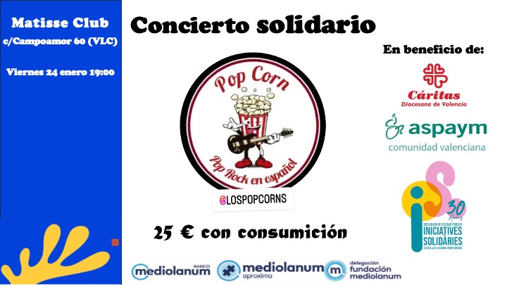 Iniciatives Solidàries (@ini_solidaries) on Twitter photo Recordar que MAÑANA tenemos una cita! Concierto solidario de Pop Corn en la Sala Matisse. Entrada 25€ como DONATIVO (¡puedes desgravar!). Beneficiarios: #IniciativesSolidaries, <a href="/CaritasValencia/">Caritas  de Valencia</a>  y <a href="/ASPAYMCV/">ASPAYM CV</a> ¡Asegúrate de estar en el listado de donaciones! migranodearena.org/reto/-conciert… Recordar que MAÑANA tenemos una cita! Concierto solidario de Pop Corn en la Sala Matisse. Entrada 25€ como DONATIVO (¡puedes desgravar!). Beneficiarios: #IniciativesSolidaries, <a href="/CaritasValencia/">Caritas  de Valencia</a>  y <a href="/ASPAYMCV/">ASPAYM CV</a> ¡Asegúrate de estar en el listado de donaciones! migranodearena.org/reto/-conciert…