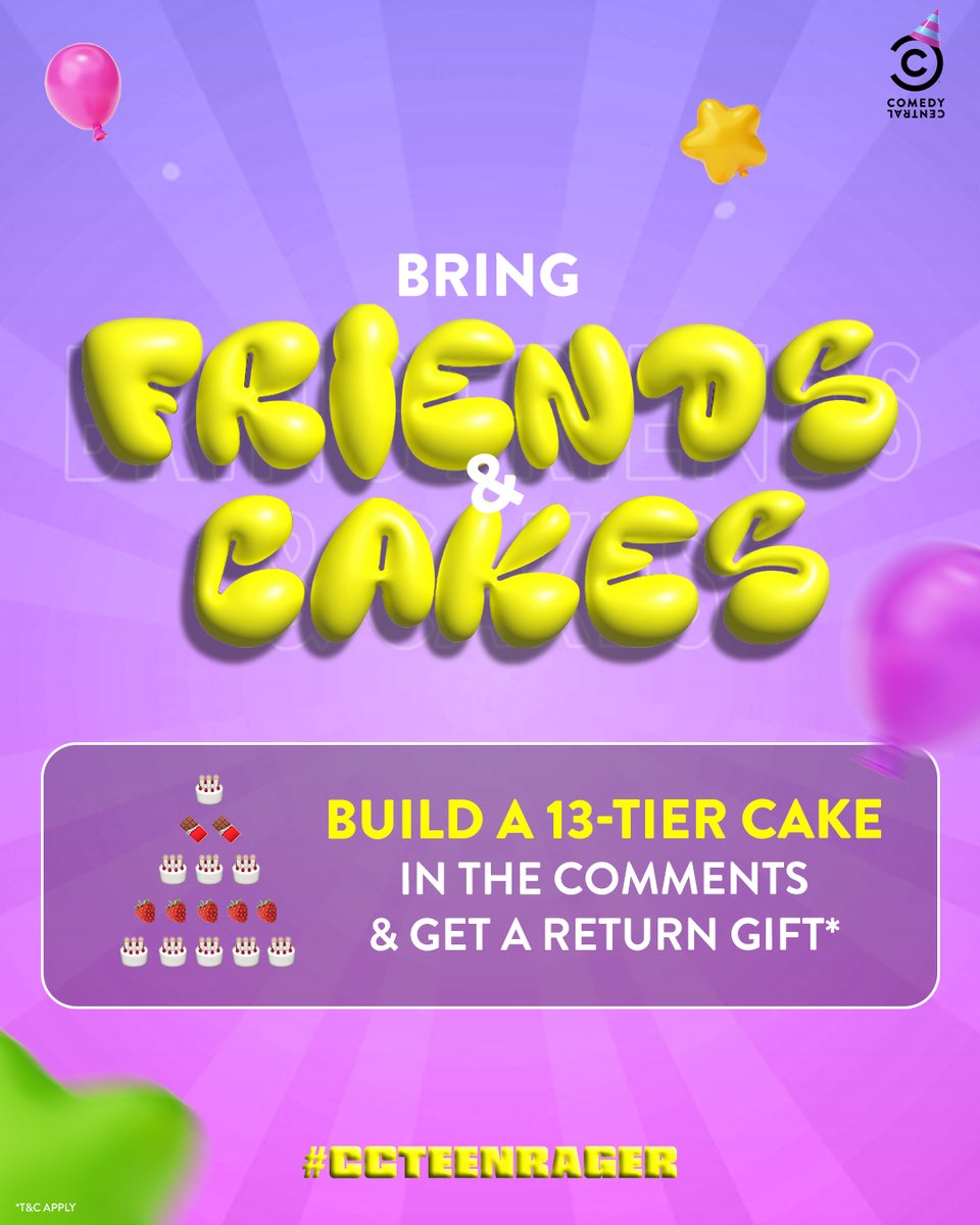 ComedyCentralIn's tweet photo. Extra marks for unique ingredients 🍰🫐
Tag your friends because the most-liked comment takes the cake!
Check the link in the bio for T&C.
#13Again #CCTurns13 #TeenagerFinally #13 #Birthday #Fun #Party https://t.co/VOFznqV3CG