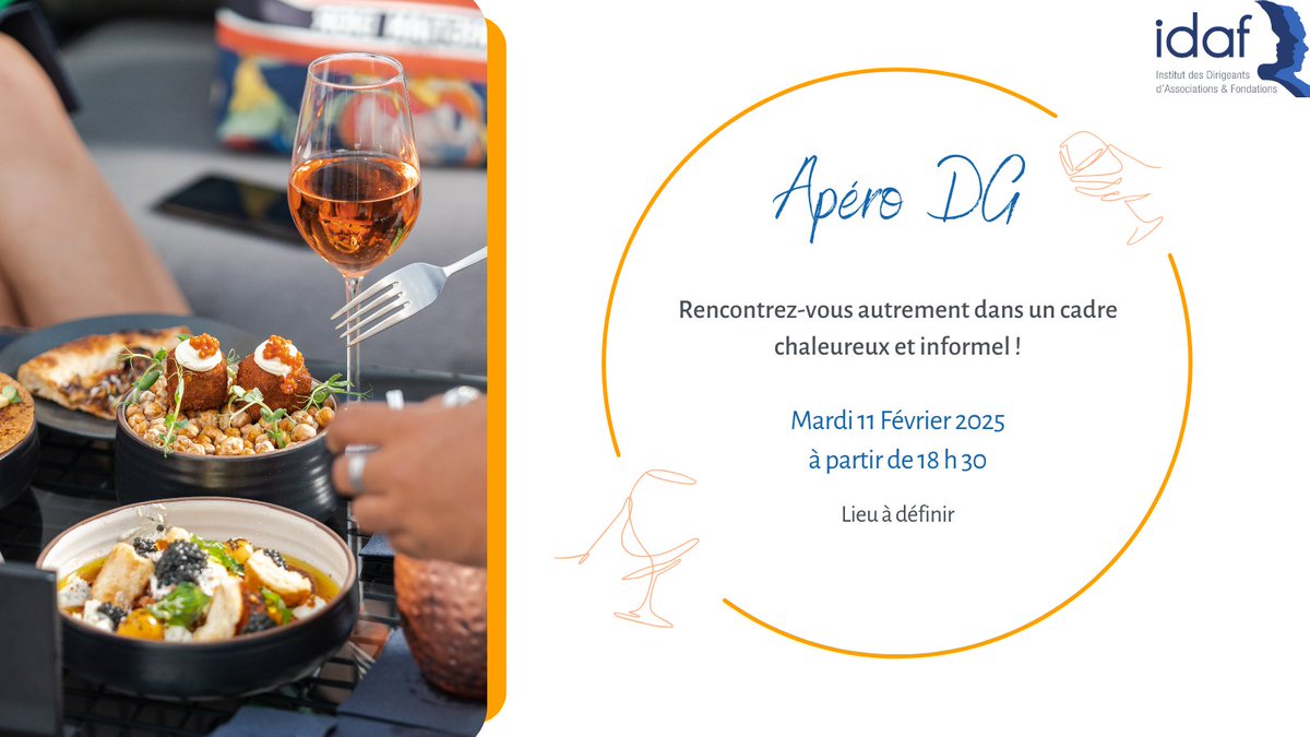 ✨ Et si nous commencions l'année autour d’un verre ? ✨

L’IDAF vous invite à un moment convivial entre pairs : un apéro dédié aux DG d’associations.

📅 Mardi 11 février 2025
🕡 À partir de 18 h 30

👉En savoir plus : bit.ly/4h7qafB

 #IDAF #Asso #fondation #ESS