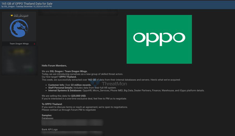 sainlesemajeste's tweet photo. มีคนไปเจอใน dark web มีคนเอาข้อมูลของ Oppo Thailand มาขาย ขนาดข้อมูล 165GB

โดยรระบุว่าข้อมูบที่เอามาขายประกอบด้วย
- ข้อมูลลูกค้ามากกว่า 22 ล้านรายการ
- ข้อมูลส่วนตัวพนักงาน
- ฐานข้อมูลภายใน (จากที่อ่านคือข้อมูล HR การเงิน คลังสินค้า พาร์ทเนอร์ และอื่นๆ)

#OppoThailand https://t.co/42FcoMnpWw