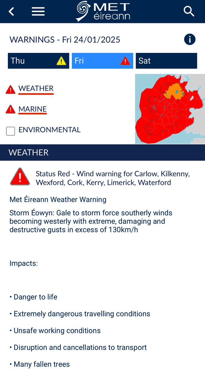benbrpi's tweet photo. 🚨 Destructive winds - Status Red alert issued for #Ireland - Carlow, Kilkenny, Wexford, Cork, Kerry, Limerick, Waterford
for
Storm #Eowyn: Gale to storm force southerly winds becoming westerly with extreme, damaging and destructive gusts in excess of 130km/h 
#StormÉowyn #Éowyn https://t.co/x5pJlPlztY