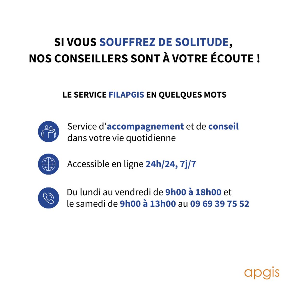 Aujourd’hui, c’est la Journée mondiale des solitudes. 
La solitude, souvent sous-estimée, peut affecter la santé mentale et physique. 
Besoin d’écoute ou de soutien ? 
Les conseillers Filapgis sont là pour vous accompagner. 💙 

#Solitude #Filapgis #Apgis