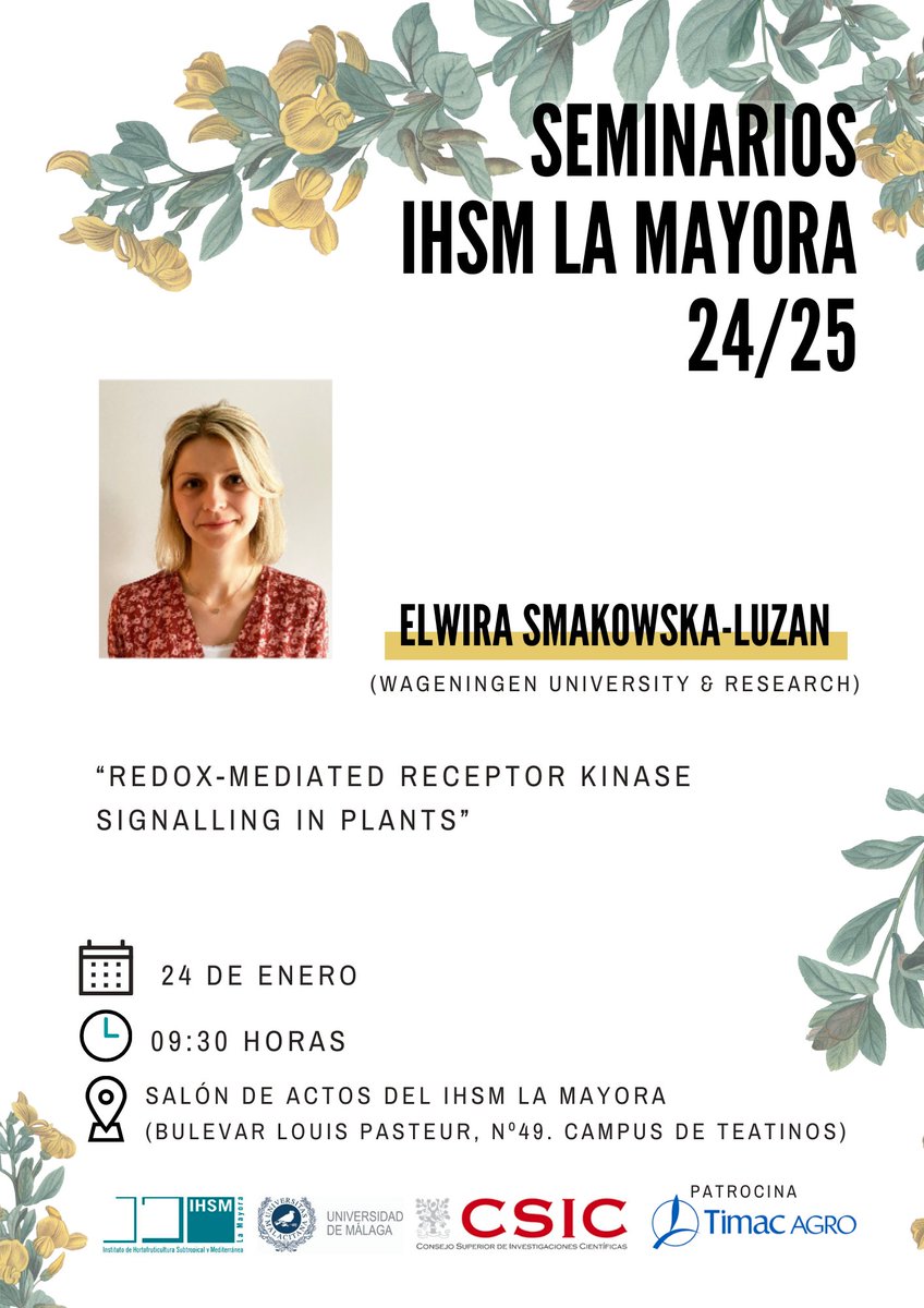 📋 Join us this Friday 24th for a fascinating seminar with the researcher Elwira Smakowska-Luzan (Wageningen University &amp; Research)

Don't miss it!

🕓 9:30 AM
📍 IHSM La Mayora Auditorium 

More information here! ⬇️