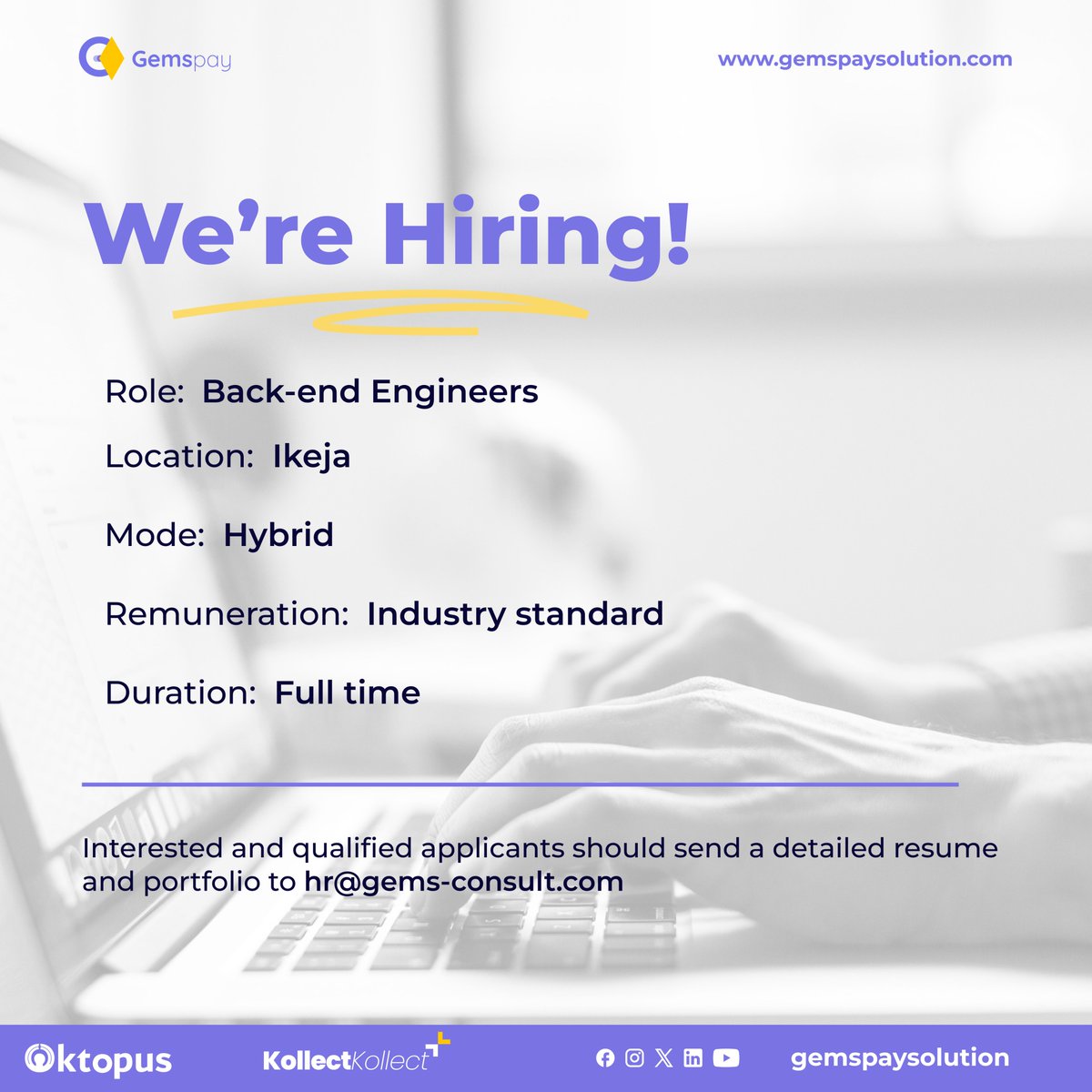 gemspaysolution's tweet image. How to Apply:

Qualified candidates should send their resumes to hr@gems-consult.com with “Back-end Engineer” as the subject.