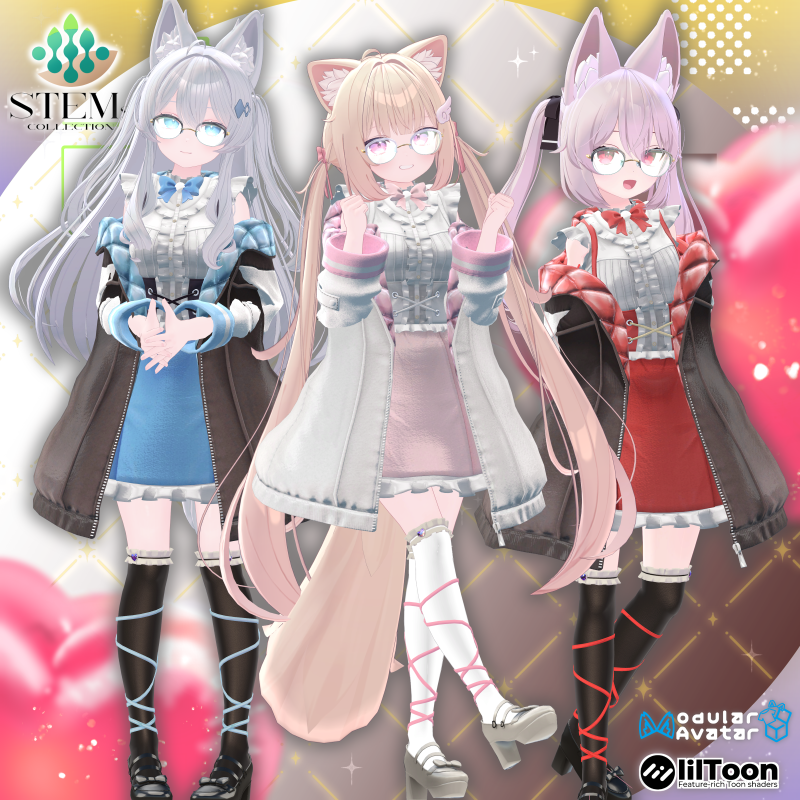 こんばんは！
STEMs.COLLECTIONです！🌿

お待たせしました当店二番目の衣装
「Interlude」を明日、1/24に発売します！

今回はキルティングな上着とふんわりしたスリーブ
落ち着きのあるインナーのセットです！
シェイプキーを多数用意したメガネ付き！✨
#STEMsCOLLECTION #VRChat #booth #booth_pm