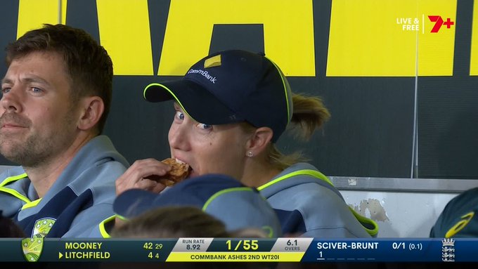 Alyssa Healy really picking her moment to get stuck into a toasted sandwich 😂 📹 Credits: Twitter/7Cricket