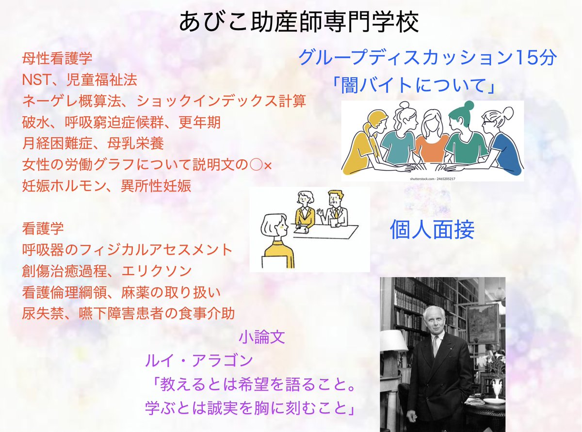2025】あびこ助産師専門学校 まとめ NST 児童福祉法 ネーゲレ概算法 SI 破水 呼吸窮迫症候群 異所性妊娠 創傷治療過程 看護倫理綱領  嚥下障害Pt エリクソン 呼吸器フィジカルアセスメントなど 小論文：ルイ・アラゴンのことば グループディスカッション：掘り下げ型 ...