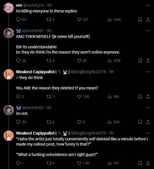 HyperTheWeeb's tweet photo. not only did you take pleasure in falsely claiming an artist use AI, droved them off the site, never take accountability, laugh about the situation, bait and joke about suicide multiple times. you only feel bad when you get called out for it what happen if no one called you out https://t.co/cuTYM8Coqt