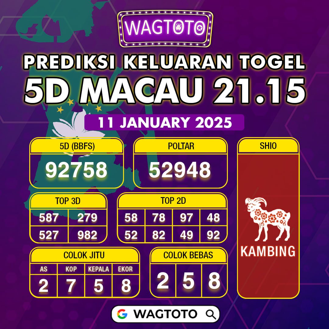 Pre-diksi keluaran 5D MACAU 21.15
11 JANUARI 2025
Semoga 5D mendarat di hari ini bosku!!