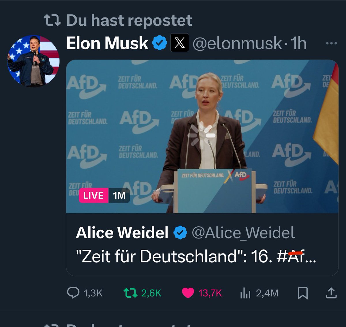 Weidel zur Kanzlerkandidatin der AfD gekürt. Ihre erste Rede hören gerade EINE MILLION Menschen live! Die Welt kommt in Bewegung! 💪🏼
“Wir wollen die Freiheit!“