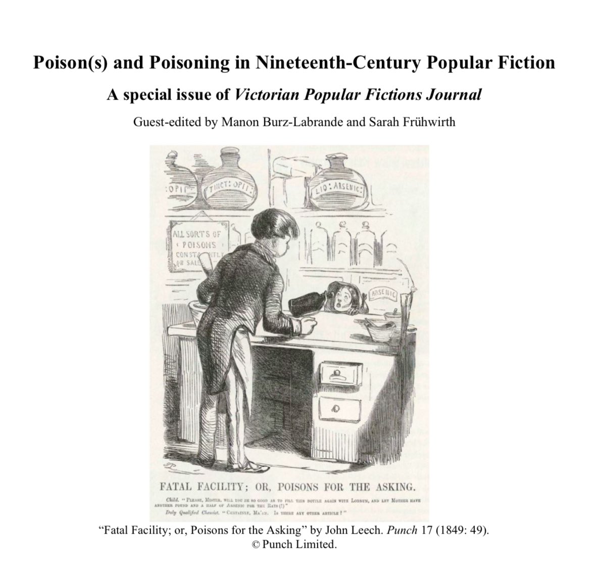📢 CFP for a special issue on poisons and poisoning in C19th popular fiction, guest edited by <a href="/MLbrnd/">Dr Manon Burz-Labrande</a> and Sarah Frühwirth. Deadline for proposals is 30/04/2025. 
Please share widely - Full details:
victorianpopularfiction.org/wp-content/upl…