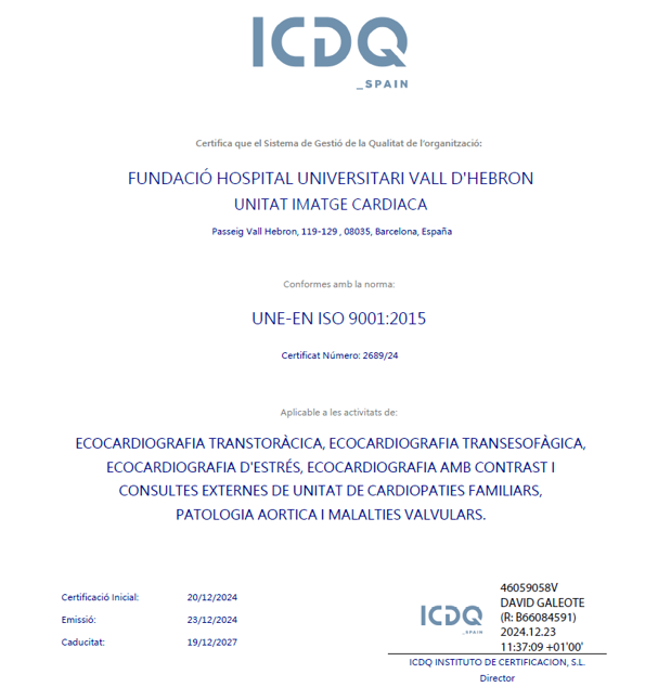 José F. Rodríguez Palomares (@jrodripalomares) on Twitter photo I am pleased to share that our unit for cardiac imaging, familial cardiomyopathies, and aortic and valvular diseases received the ISO 9001:2015 accreditation. This recognition marks the quality of care developed at <a href="/cardioimagenVH/">Imagen Cardiaca VH</a> and at <a href="/vallhebron/">Vall d'Hebron</a> . Thanks to all the team. I am pleased to share that our unit for cardiac imaging, familial cardiomyopathies, and aortic and valvular diseases received the ISO 9001:2015 accreditation. This recognition marks the quality of care developed at <a href="/cardioimagenVH/">Imagen Cardiaca VH</a> and at <a href="/vallhebron/">Vall d'Hebron</a> . Thanks to all the team.