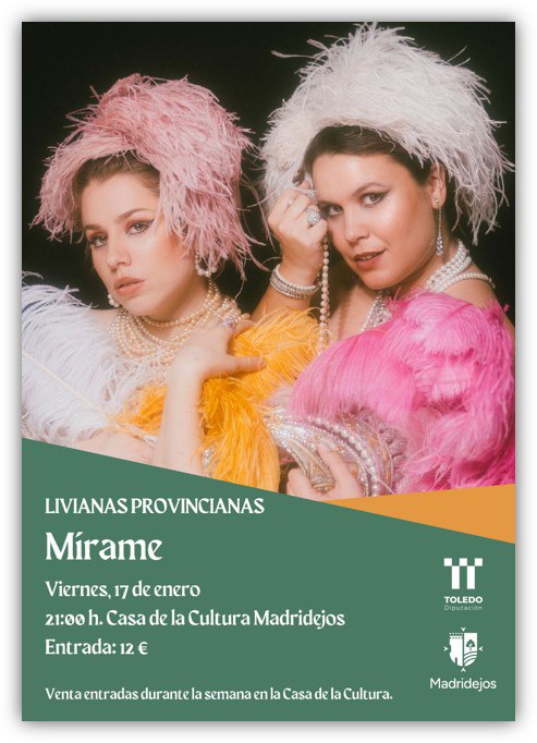 Que nos vamos con #Mírame a #Madridejos (Toledo)!! Apunta:
🗓 Viernes, 17 de enero 2025
📍 Casa de la Cultura  
⌚️ 21:00 horas
🎟 Entrada: 12€
Venta de entradas durante la semana en la Casa de la Cultura.
#madridejos #sansebastian2025 #teatro