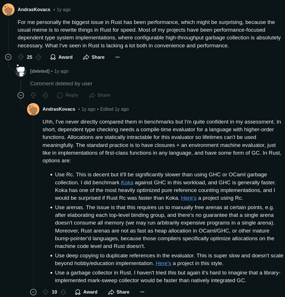 effectfully's tweet image. Shock content: Rust is not good for compiler development due to... performance reasons.