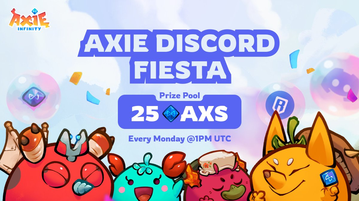 AxieInfinity's tweet photo. Axie Discord Fiesta is COMING!

A non-stop weekly dose of games and fun is coming with the Axie Discord Fiesta!

・ Join us every Monday at 1PM UTC | 9PM PHT | 8AM EST in the Axie Discord Fiesta Stage. ⏰

・ Win rewards from the total reward pool of 25 AXS every week by participating in these fun challenges. 🎁

・ Play various type of games every week like Trivia, Puzzles, Hide & Seek, Classic or Origins Battle and moar — with the Axie Infinity team. 🎮

・ Got suggestions for Axie-themed games we should host? Share your feedback and help us make the Fiesta even MOAR exciting for everyone! 💡

MOAR fun. MOAR rewards. For our amazing community!

Join Axie Discord Now 👇

🔗 : https://t.co/x7qkA7EP0U