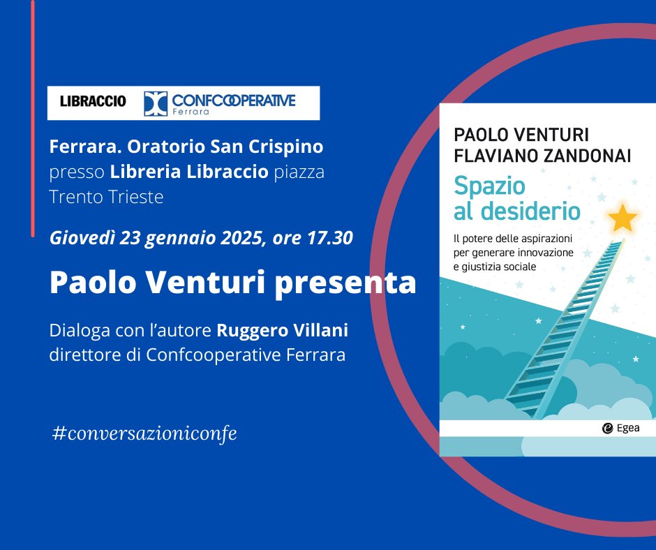 Nessun cambiamento umano, sociale ed economico è possibile se manca «chi» lo desidera così tanto da farlo accadere. "Spazio al desiderio" è il nuovo libro di #PaoloVenturi e #FlavianoZandonai edito <a href="/egeaonline/">Egea</a> ci vediamo il 23 gennaio a Ferrara, con l'autore
#conversazioniconfe