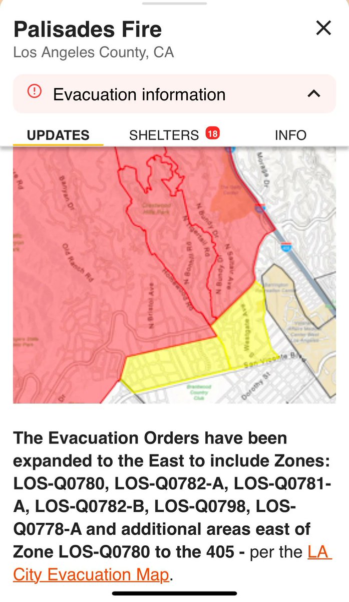 🚨 UPDATE: Evacuation zones for the #PalisadesFire have now expanded southeast. Residents in affected areas should leave immediately and follow instructions from local authorities. Stay informed and prioritize safety.