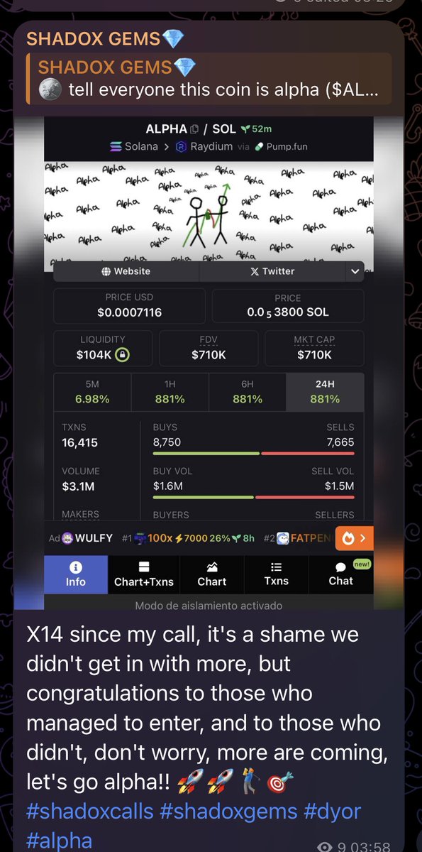 SHADOXcrypto's tweet photo. Call alpha in 50k MC has reached up to 700k MC an x14 since my call

Congratulations to those who came to the call on my free telegram channel

Let’s keep printing
#solana #memecoin #crypto #shadox #shadoxgems #shadoxcalls
Follow me on my telegram channel: @SHADOXGEMS https://t.co/lq38GYKkKu