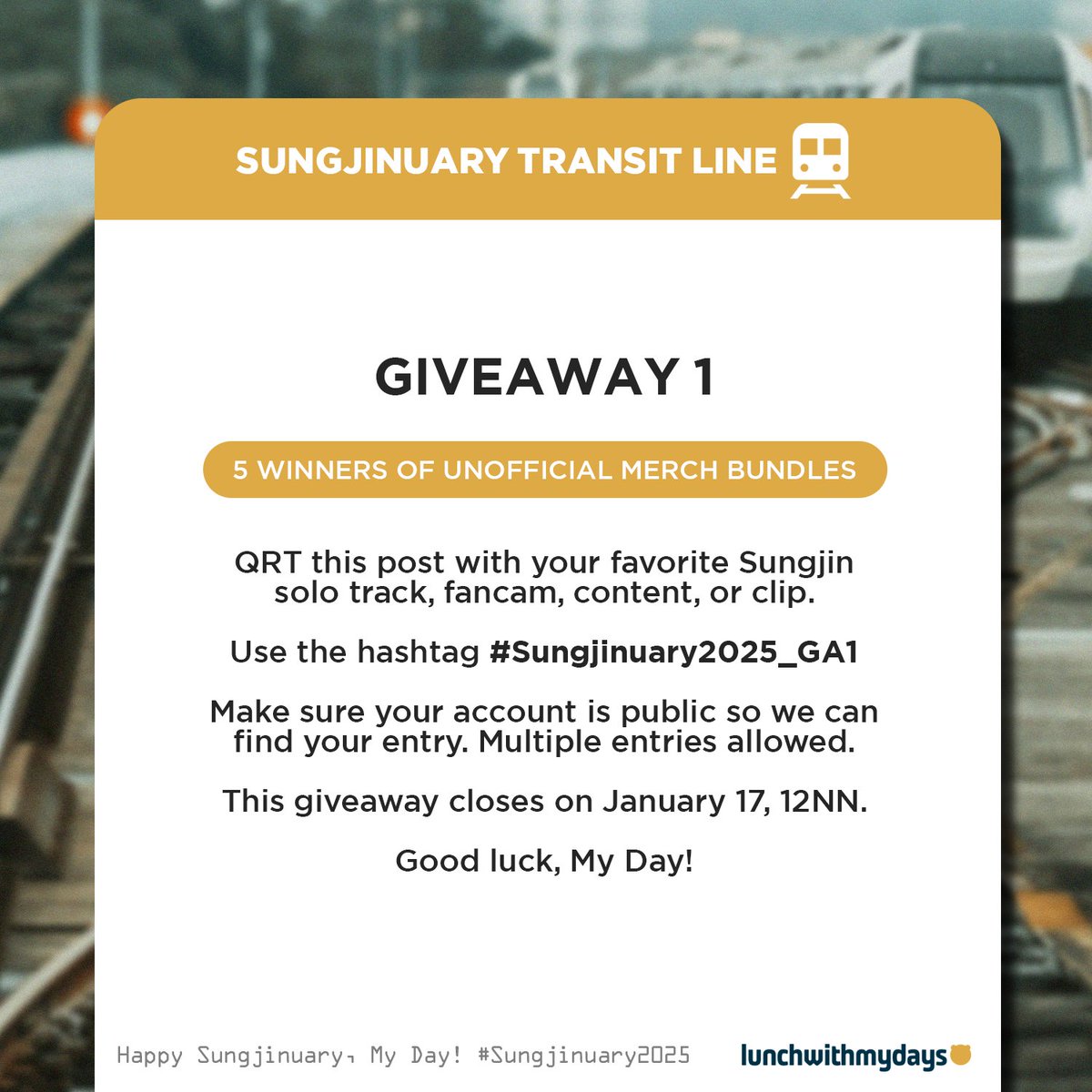 lunchwithmydays's tweet photo. Happy Sungjinuary, My Day! Here are the mechanics for our first Giveaway.

🏆 5 winners of unoffocial merch bundles

Special Thanks to @madewithloveph_ for making this happen. This closes on January 17, 12NN.🤍

#Sungjinuary2025_GA1
#Sungjinuary2025
#ForeverWithDAY6 https://t.co/U1amNzQ3FW