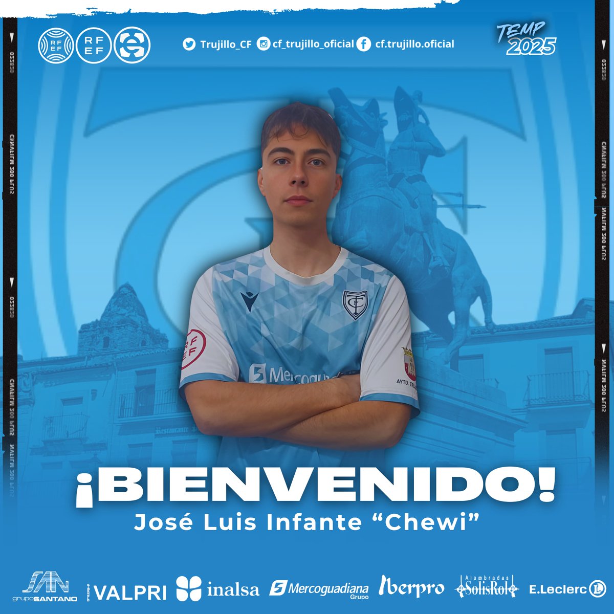 Trujillo_CF's tweet photo. ✅ 𝐎𝐅𝐈𝐂𝐈𝐀𝐋 | José Luis Infante "Chewi", nuevo refuerzo para la temporada 2024/25.

▶️ Joven y experimentado extremo con características técnicas y ofensivas que aportará al equipo explosividad y desborde. 

🙌 Bienvenido Chewi!

#AúpaTrujillo #TodoAlCeleste 💙🤍💙 https://t.co/iaGOSerCbP