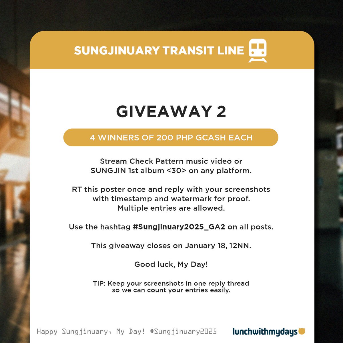 lunchwithmydays's tweet photo. Happy Sungjinuary, My Day! Here are the mechanics for our 2nd Giveaway.

Stream Sungjin's music to join. It's as simple as that! Full details below.

🏆 4 winners of 200 PHP GC_SH each

This closes on January 18, 12NN.🤍

#Sungjinuary2025_GA2
#Sungjinuary2025
#ForeverWithDAY6 https://t.co/Tbr60Enlkp