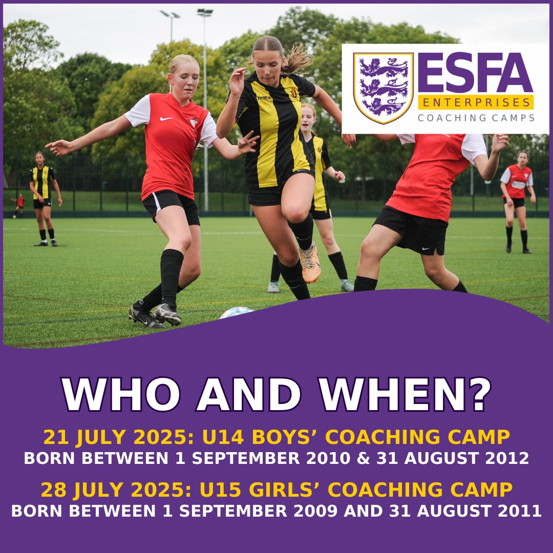 Is your footballer eligible to join us on one of our residential coaching camps this summer? If they are, head over to esfaenterprises.com to book them a place and find out more!

🟣🟡⚪ #coaching #camp #getready #football #schoolsfootball #schoolholidays #summercamp