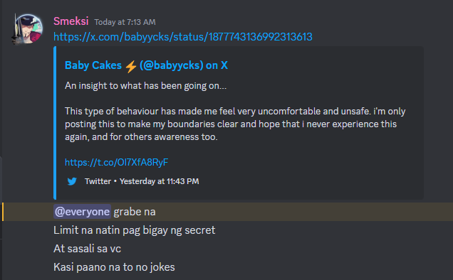 It's hard for me to take your apologies seriously, when i have screenshots of you limiting the "secret" as a response to my callout. purging your server isn't enough. i want that whole thread deleted and all screenshots and screen recordings removed from every device. ALL OF IT