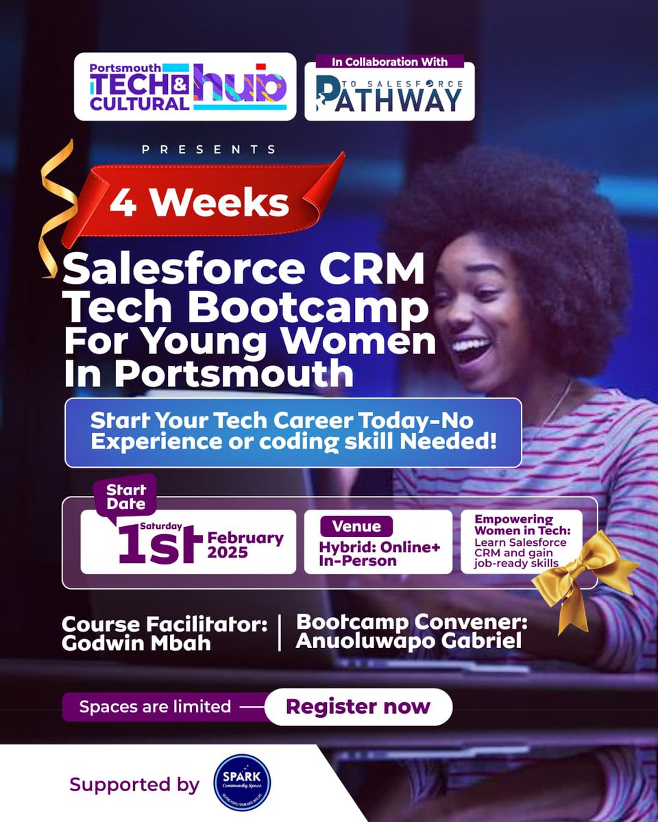Anuoluwapo Gabriel/Pavolera (Patecs) (@gabs_jeb) on Twitter photo JOIN OUR 4-WEEK SALESFORCE CRM TECH BOOTCAMP FOR YOUNG WOMEN!
Are you ready to kickstart your career in tech and business? The <a href="/PortsmouthTech/">Portsmouth Tech and Cultural Hub</a>, in collaboration with Pathway to Salesforce, is excited to invite young women in Portsmouth and its environs to an empowering 4-week JOIN OUR 4-WEEK SALESFORCE CRM TECH BOOTCAMP FOR YOUNG WOMEN!
Are you ready to kickstart your career in tech and business? The <a href="/PortsmouthTech/">Portsmouth Tech and Cultural Hub</a>, in collaboration with Pathway to Salesforce, is excited to invite young women in Portsmouth and its environs to an empowering 4-week