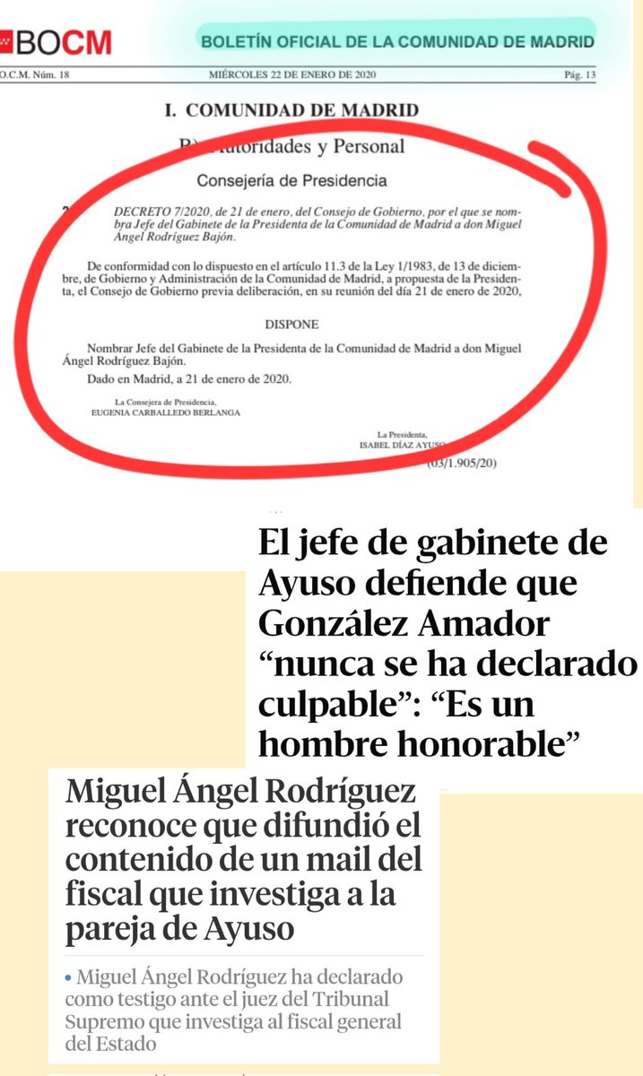 Miguel Ángel Rodríguez , nombrado jefe de gabinete de la Presidenta de Madrid publicado en el BOCM.
Reconoció filtrar mail del particular de Ayuso.
Defendió la honorabilidad del comisionista.
Reconoció a Risto en plató que trabajaba para González Amador.
Algún Fiscal interesado?