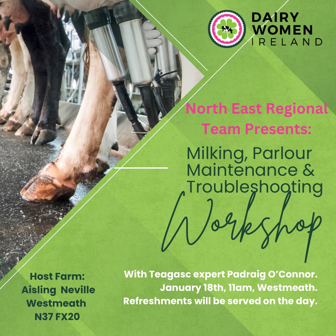 Milking Skills Workshop – Jan 18th, 11 AM!
📍 Aisling Neville’s Farm, Westmeath (N37 FX20)
🛠️ Learn from Padraig O’Connor (Teagasc):
•Milking skills
•Parlour maintenance &amp; troubleshooting
No RSVP needed. Bring a friend &amp; enjoy refreshments! 🐄 #DairyWomenIreland #Farming