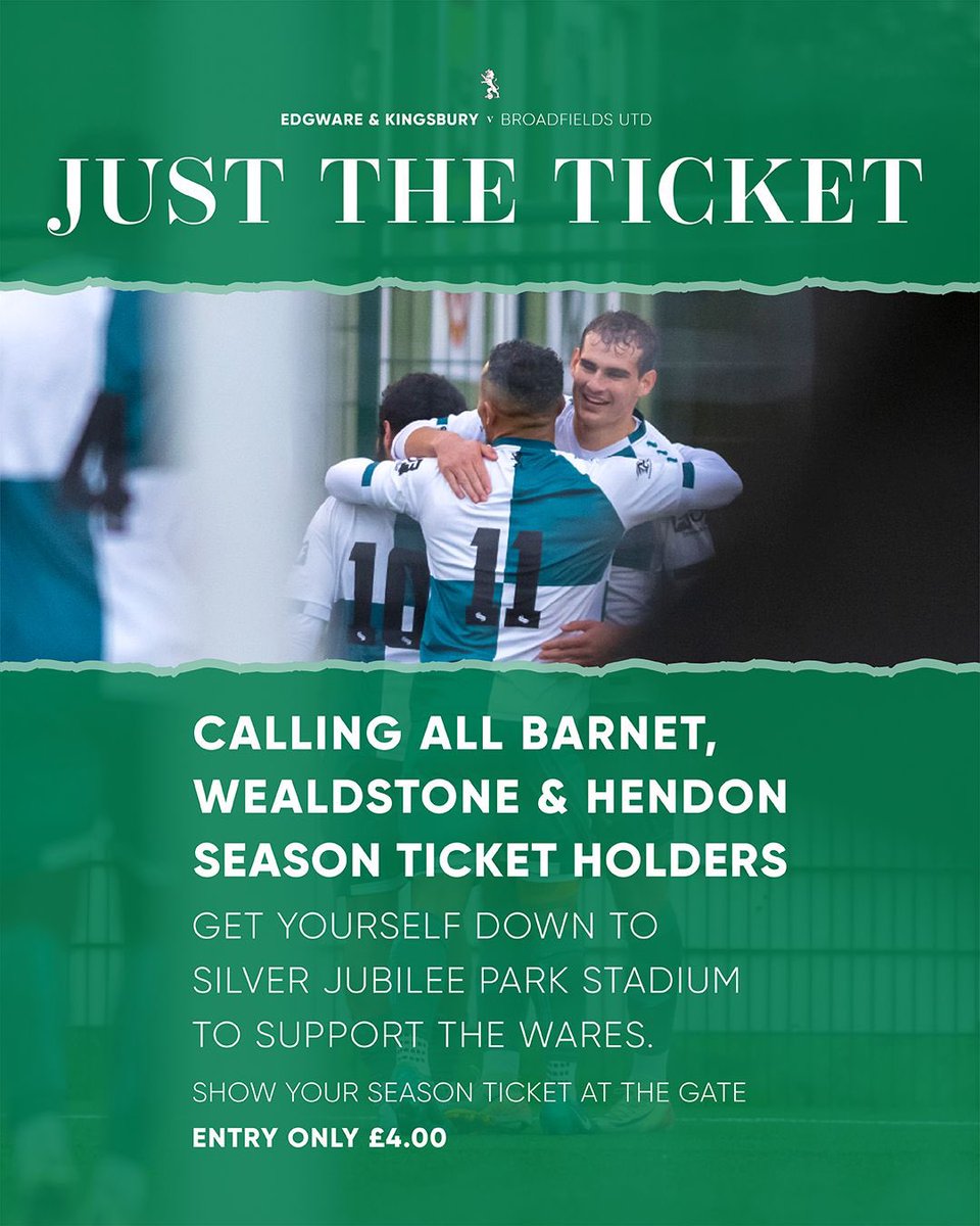 📣 Calling all… 

🎟️ <a href="/BarnetFC/">(C) Barnet FC 🐝</a> <a href="/WealdstoneFC/">Wealdstone FC</a> <a href="/HendonFC/">Hendon Football Club</a> Season ticket holders…

Make sure you get down to <a href="/JubileeSilver/">Silver Jubilee Park Charitable Foundation</a> &amp; support <a href="/E_K_FC/">Edgware & Kingsbury Football Club</a> for this afternoon’s match 🙌

🎟️ Show your season ticket
💷 £4.00 entry

#UpTheWares #TheWares