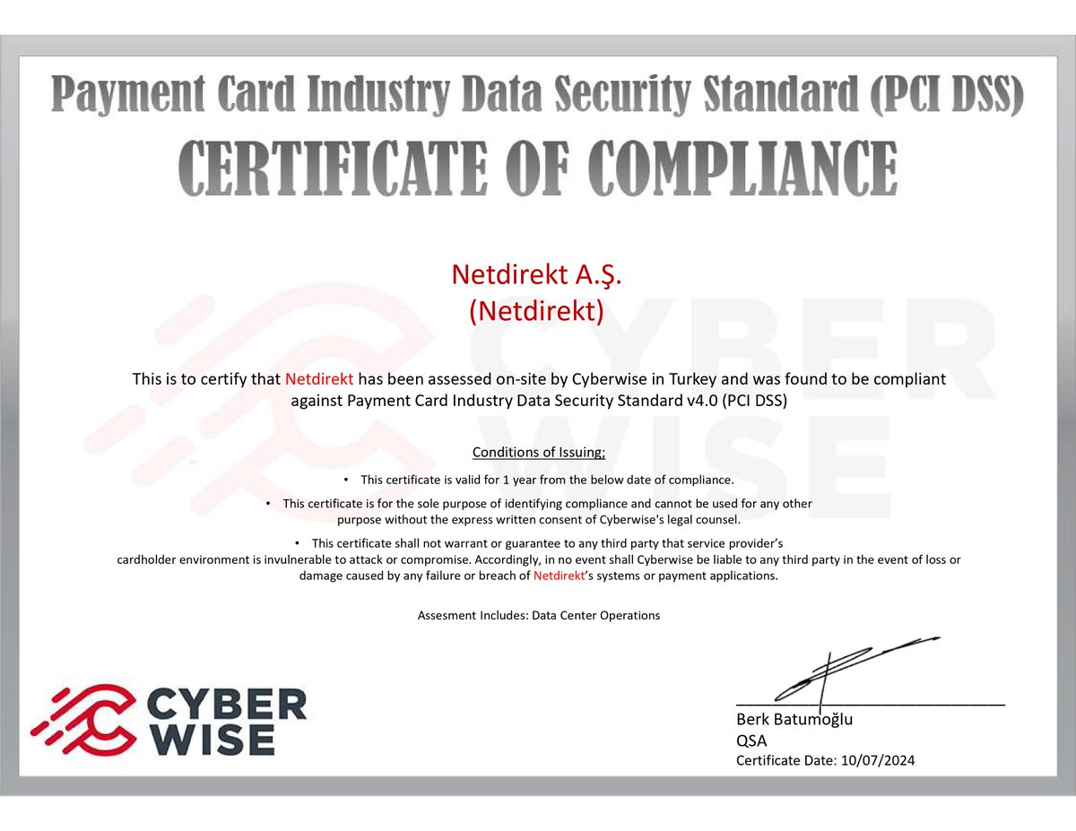 Netdirekt olarak, PCI DSS, ISO/IEC 27001, ISO 9001, ISO 22301, ISO/IEC 20000 dâhil olmak üzere 2025 yılı denetlemelerimizi büyük bir titizlik ve özenle tamamladık. Bu süreçte gösterdiğimiz ciddi hazırlık ve düzenli uygulamalarımız sayesinde tüm sertifikalarımızı başarıyla