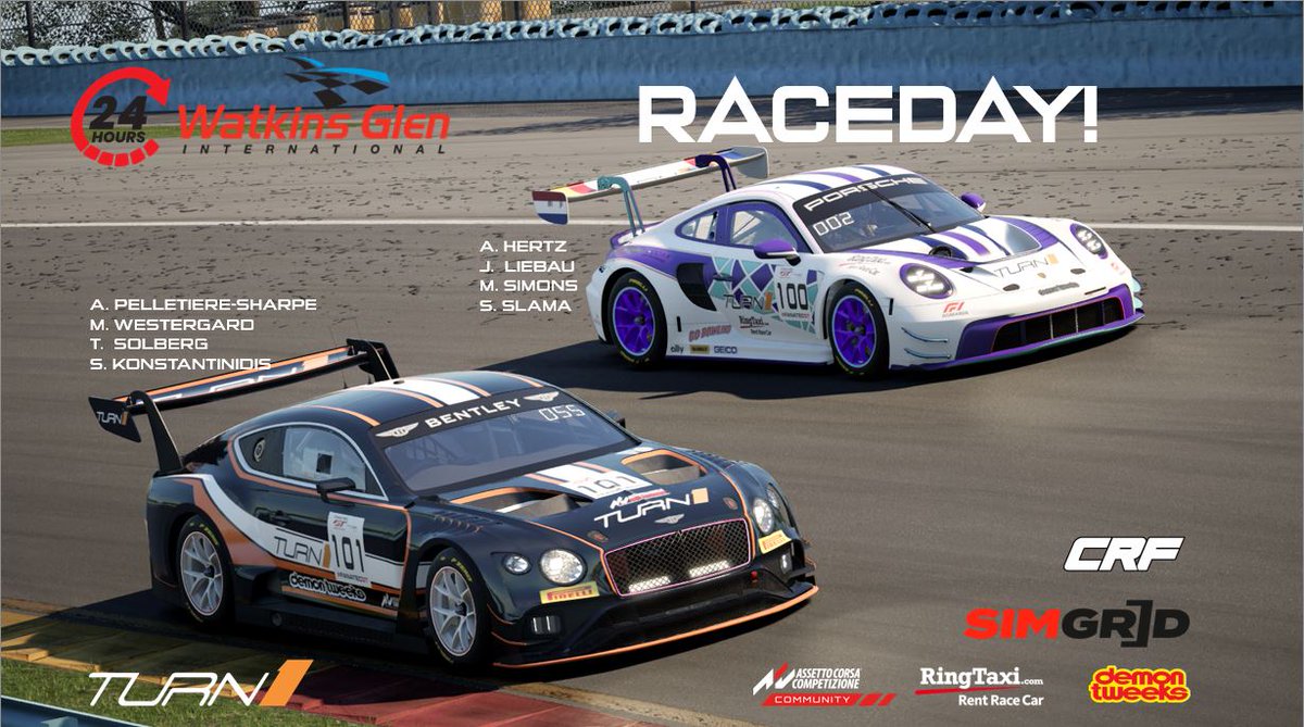 Team_Turn1's tweet photo. RACEDAY! Our second weekend in a row of 24hrs racing! This time in the @CRFRacingLeague Endurance Championship hosted on @sim_grid . 
Broadcast: https://t.co/XPY7sJ7RNv
Our PoV: https://t.co/XSfqm5Sjia
Let's Go!
#AssettoCorsa #simracing #acc https://t.co/Rj0cboCPVU