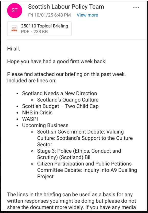 MeidasScotland's tweet photo. Someone has leaked a Scottish Labour briefing, so let's spoil MSM attack lines for the weekend and following week. 

"Sending a briefing including all of Scottish Labour’s lines for next week’s parliamentary business to all staffers… that’s someone on their Policy Team’s weekend ruined 😅"
