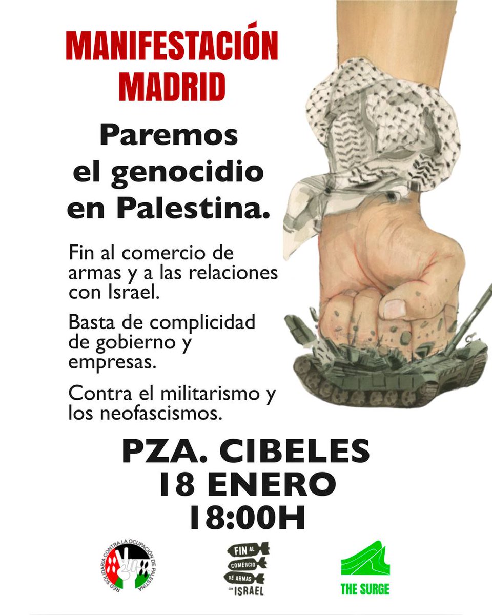 #ParemosElGenocidio en Palestina.
Manifestación 18 de enero, 18:00, Cibeles
⚫️Fin al comercio de armas y a las relaciones con Israel.
⚫️Basta de complicidad de gobierno y empresas.
#BoicotIsrael 
Sabemos lo que está ocurriendo, es nuestra responsabilidad evitarlo.