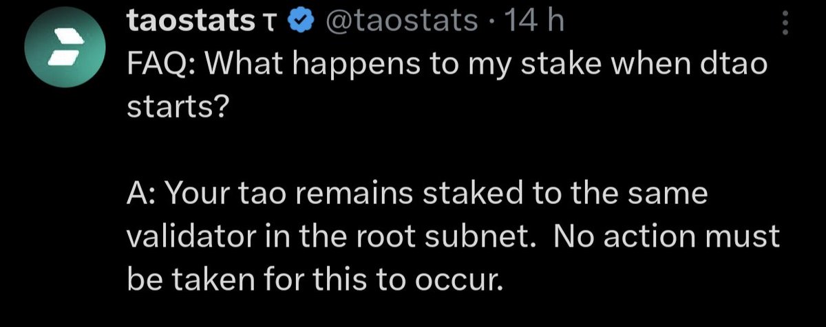 CryptoZPunisher's tweet photo. #Bittensor   $TAO 

📢 The Arrival of dTAO: A Game-Changer for Bittensor and Its Investors 🌐

The arrival of dTAO is not just shaking up the Bittensor ecosystem, it’s also challenging both seasoned and novice investors alike. But don’t worry, I have good news for those who, like me, haven’t fully grasped dTAO yet.

Yes, I’ll admit without shame that I still have a lot of questions. Once again, Bittensor is pushing me out of my comfort zone. Thankfully, this community is full of intelligent and creative people who are already working hard to answer those questions. I’m confident that accessible content will be available soon to help everyone understand.

👉 No need to rush! This isn’t a race for dTAO. If you have $TAO in staking, you don’t need to take any specific action. Your tokens will remain in Root Staking, and only your APY will be slightly reduced.

https://t.co/0P1FyQksTS

Thank's @taostats, the community can count on you as usual.

Stay calm and stay tuned for more information about dTAO. 💡

#Bittensor #dTAO #CryptoCommunity 

@taostats
@TAOTemplar 
@learnbittensor 
@bittingthembits