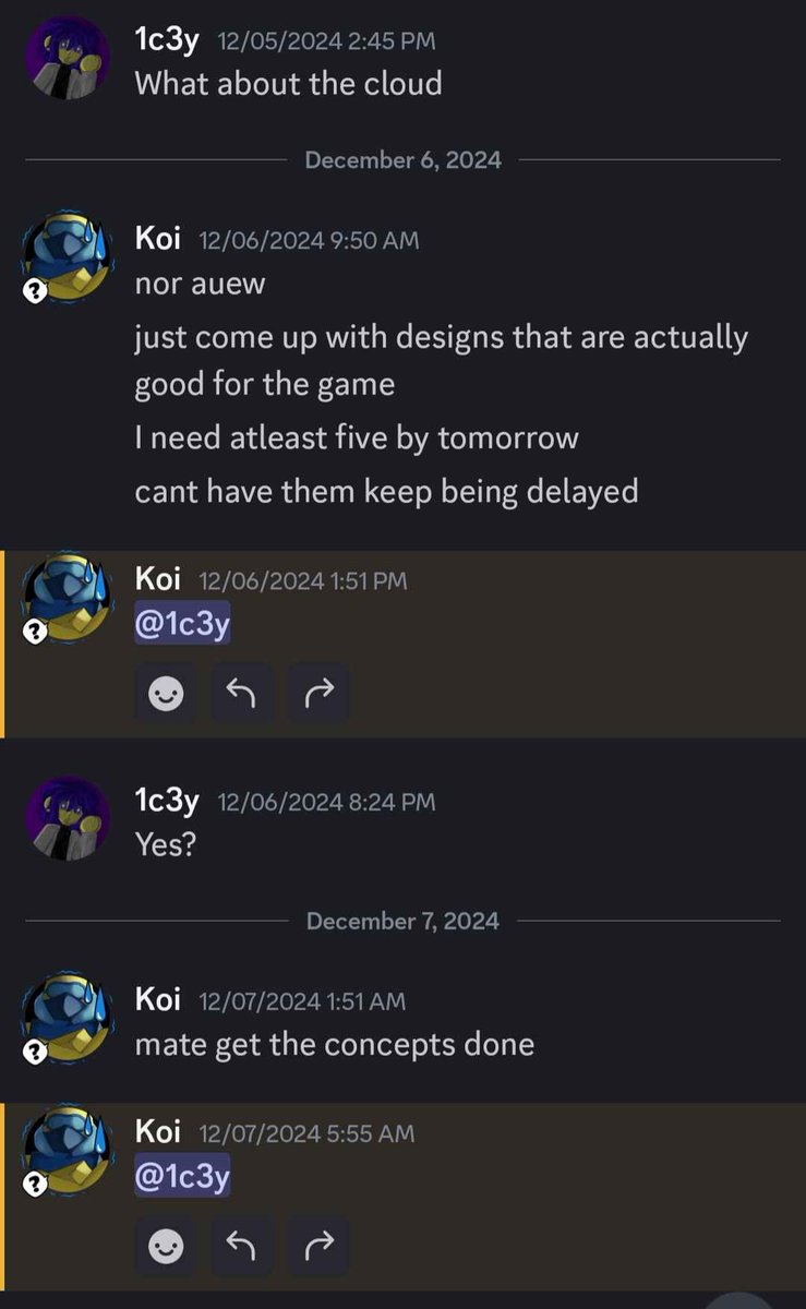 sunpaap's tweet photo. A discord user named "3koi" has scammed my friend @who_dang for 4,000 robux.

They asked dang to make designs for them for a waterpark game, but this person never specified what they wanted, so dang made floatie designs.

Below are some examples of them being impatient:

#roblox https://t.co/0xWJXuSZLg