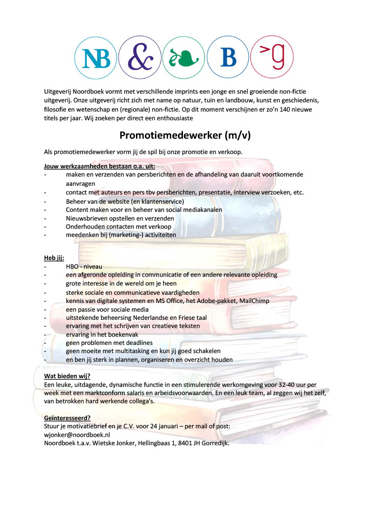 filosofieNB's tweet photo. Wil je met filosofieboeken werken in een gezellig team? 

Zie hieronder de vacature voor promotiemedewerker bij Noordboek!📚 https://t.co/95gwmt1I9r