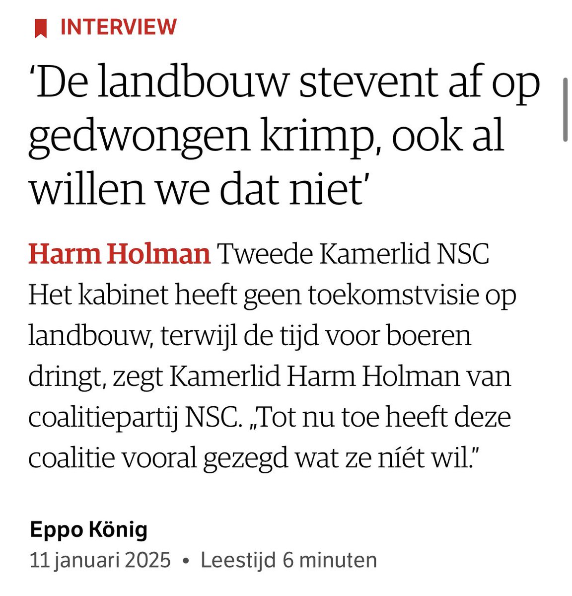 Moedig dat coalitiepartij NSC erkent dat het kabinet afstevent op gedwongen krimp door een gebrek aan visie. Terwijl BBB miljarden voor boeren weggaf in de kabinetsformatie.

Het is tijd voor keuzes en duidelijkheid! Voor een duurzame landbouw met minder dieren.