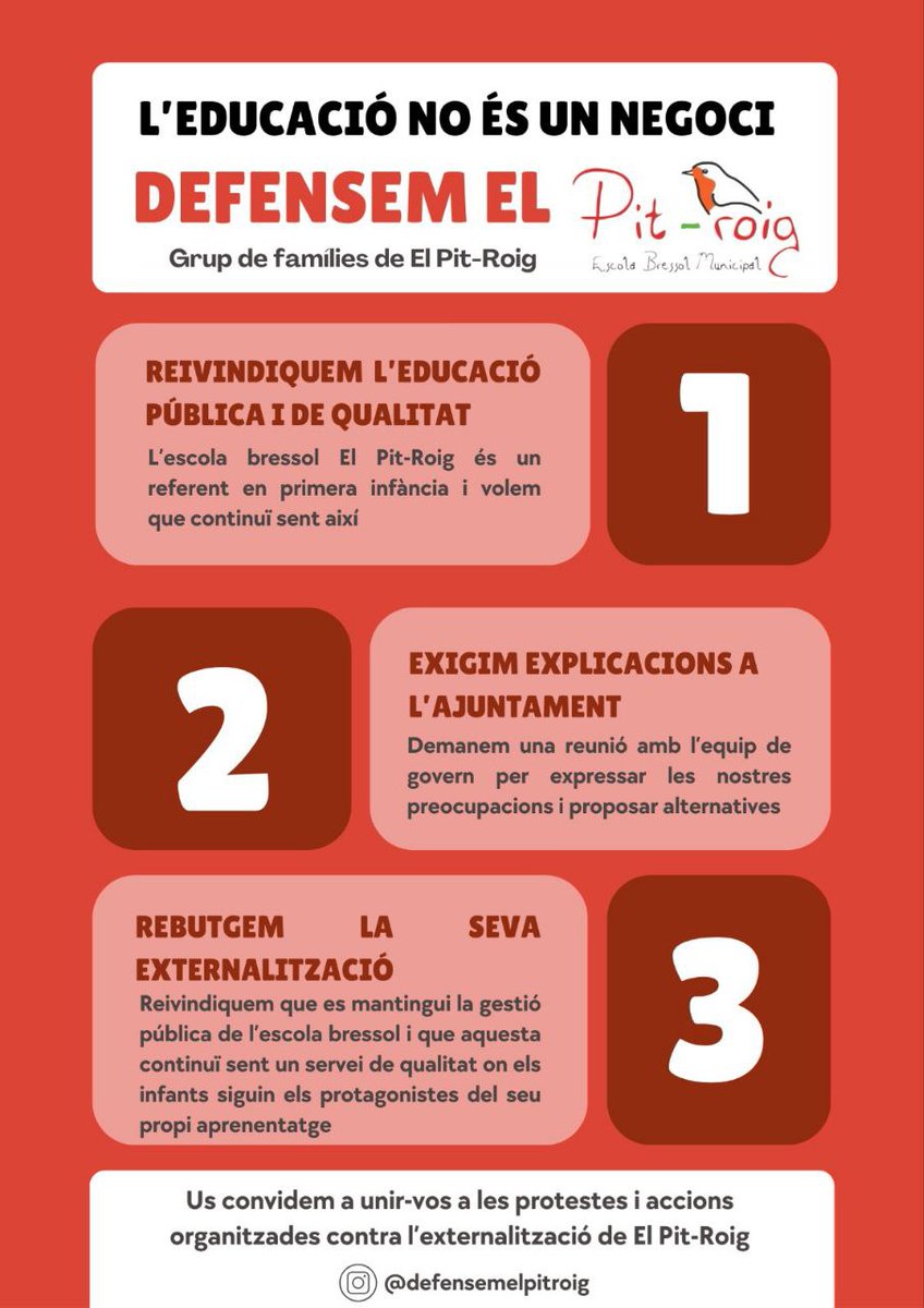 VallesOrCGTedu's tweet photo. L'ajuntament de #SantPereVilamajor, en mans de @JuntsXCat i @socialistes_cat pretén privatitzar la gestió de l'escola bressol del poble "perquè és deficitària"

Des de quan els serveis a les persones que paguem amb nostres impostos són deficitaris?
#VallèsOriental

CONVOCATÒRIA👇 https://t.co/JfTbqA4Bhf